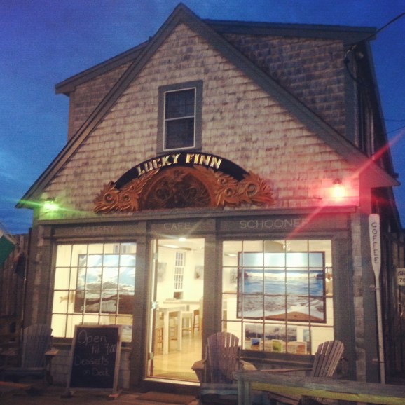 My paintings in the window of 'The Lucky Finn Cafe'